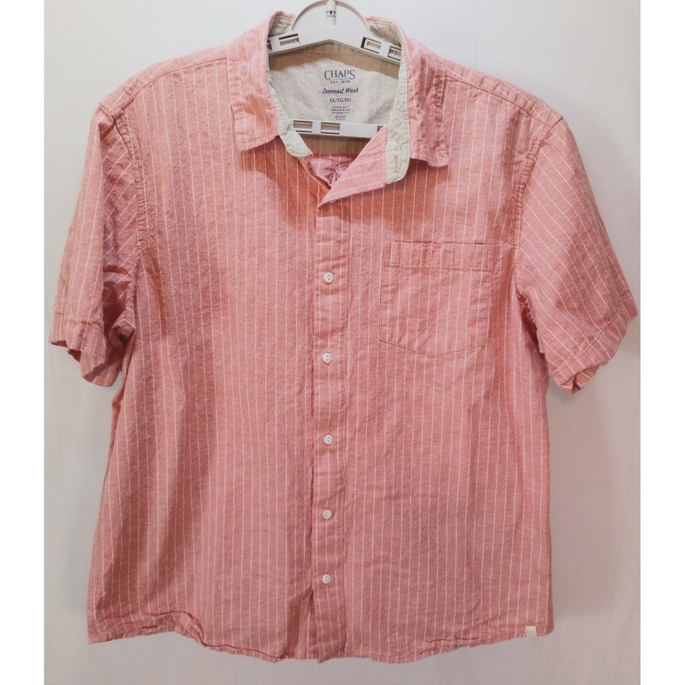 Chaps Seacoast Wash Men's Short Sleeve Button Down Shirt, XL, Apricot Striped